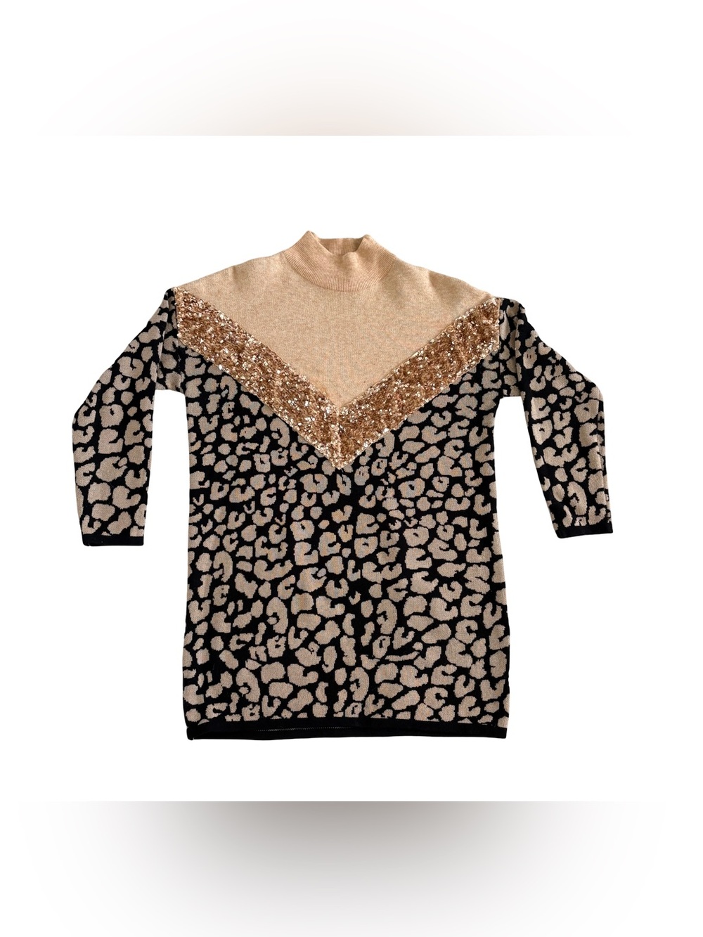 Sequin V-Paneled Leopard Knit Sweater Dress in Black and Gold
